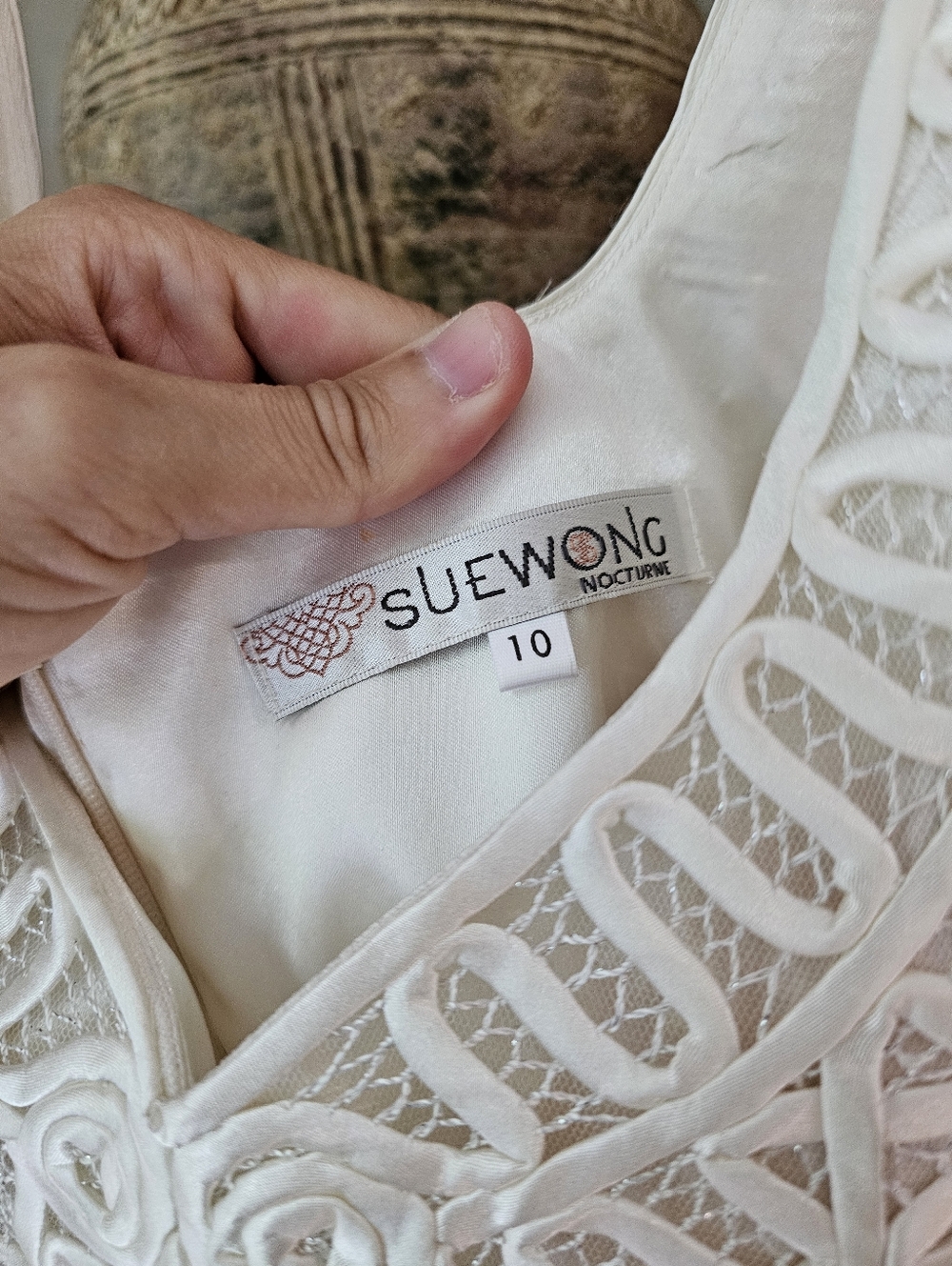 Sue Wong Nocturne Dress 10 Formal Gown Silken Pleated Embroidered Lace White - Picture 5 of 8
